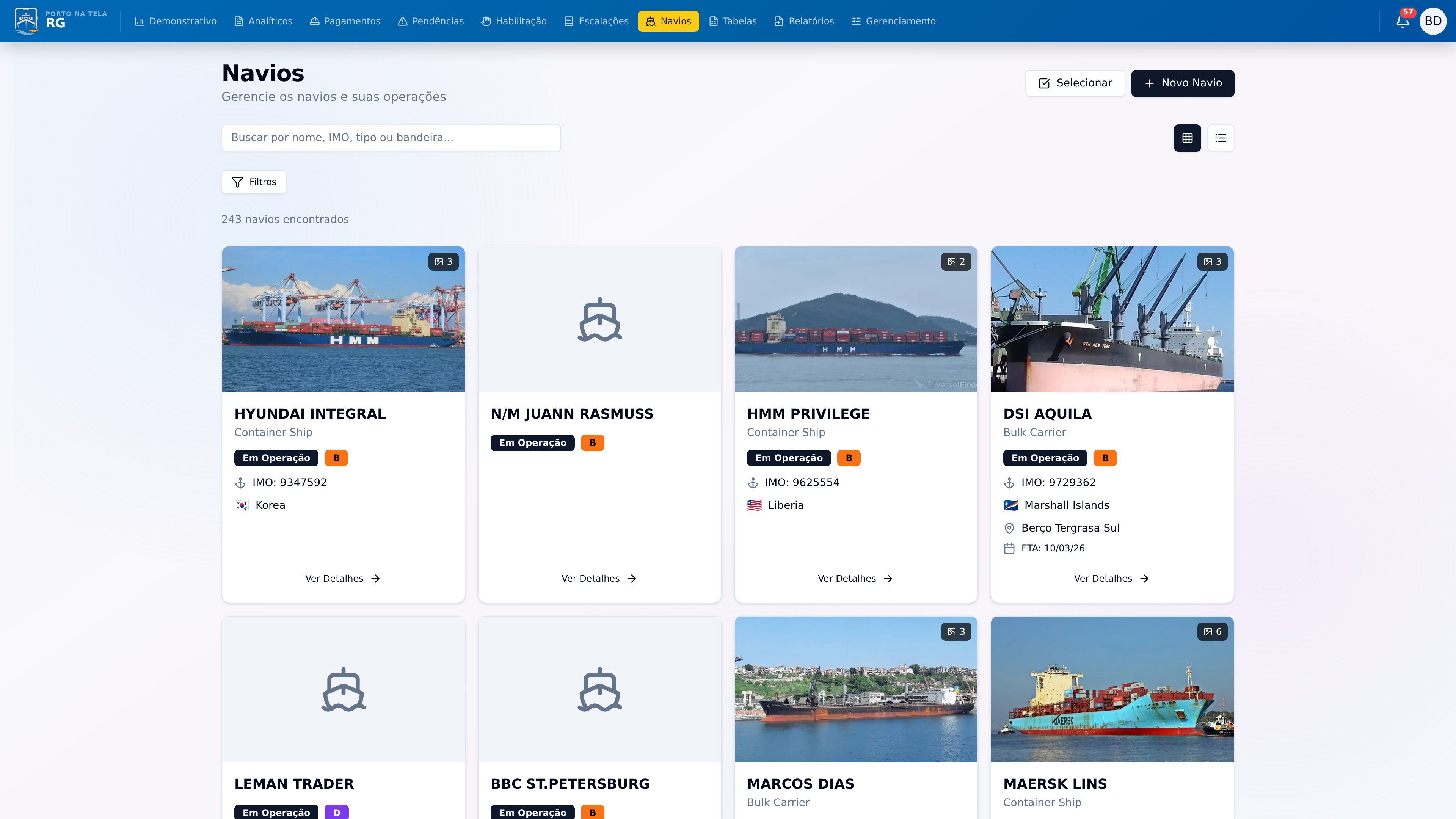 Screenshot: Registro Completo de Navios